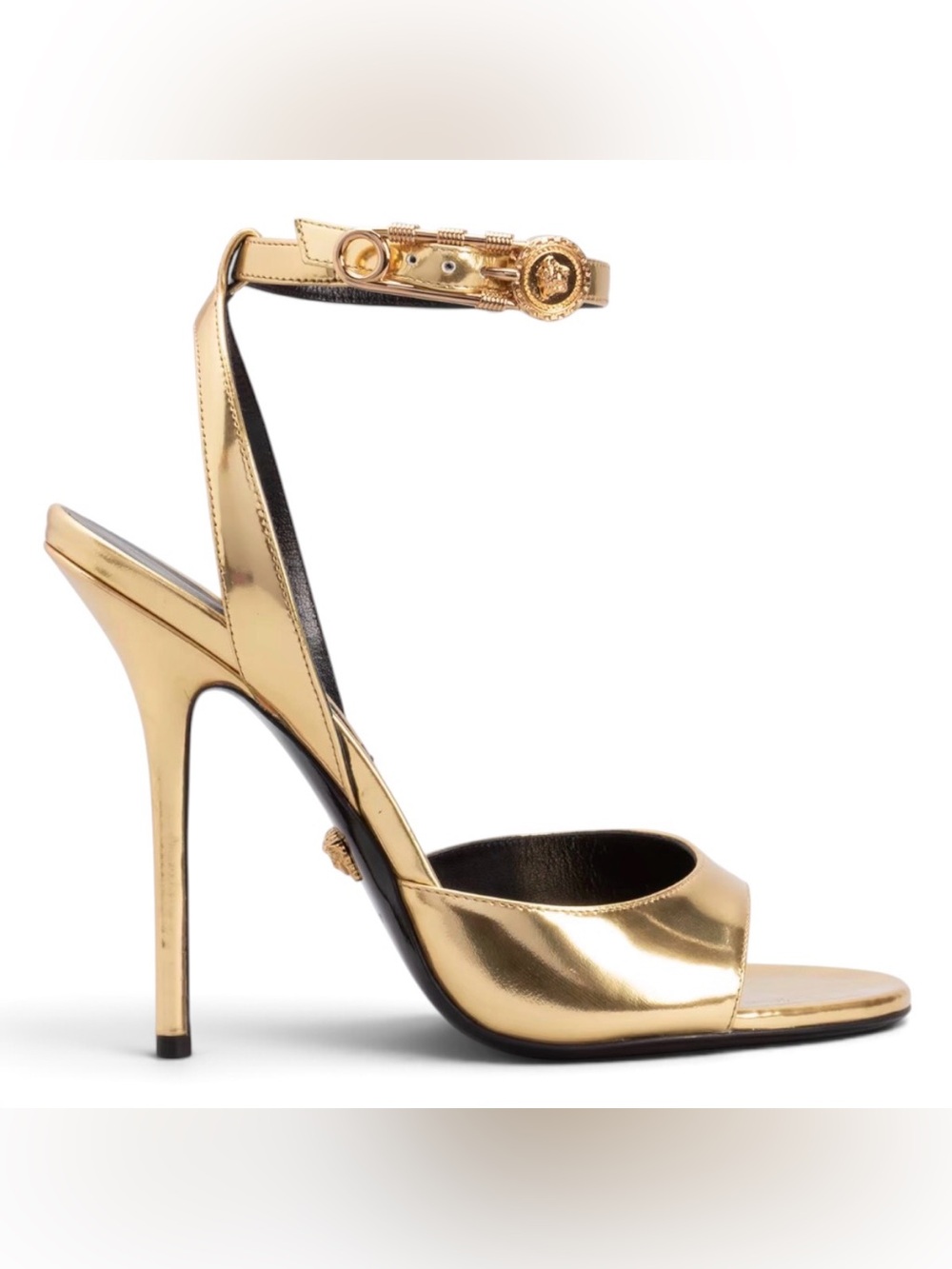 VERSACE Safety Pin High-Heel Sandals Gold Metallic Leather Sandals
